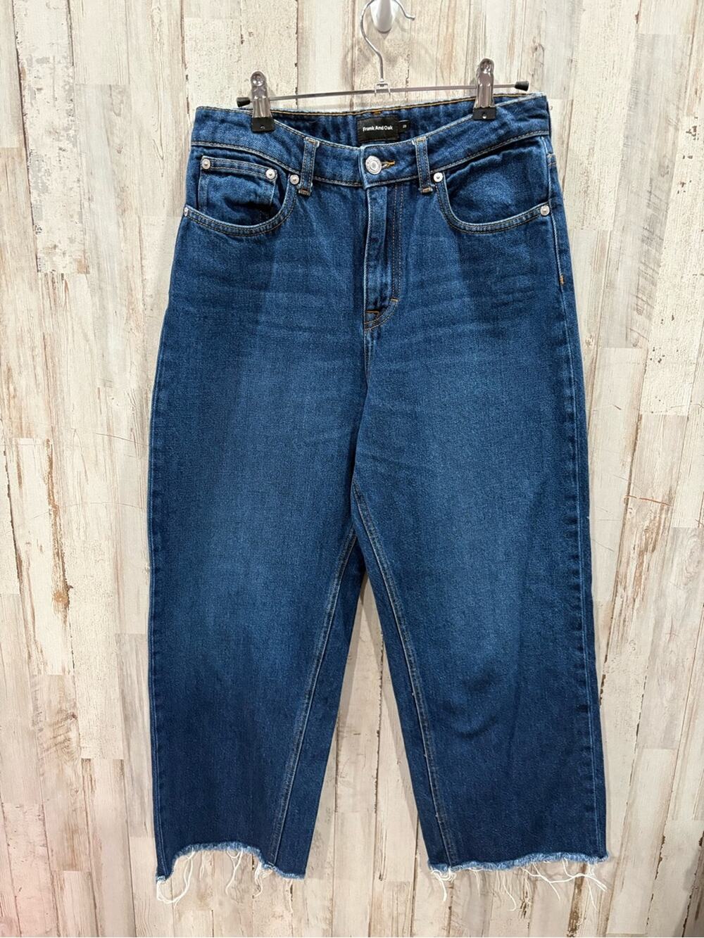 Frank And Oak Nina Wide Leg Jeans Women’s 28 Dark Wash Raw Hem Cropped Denim
